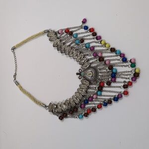 Bohemian Multi-Color Bead Fringe Necklace - Silver Tone